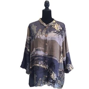 Citron Santa Monica Silk 100% Tunic Button Front Asian Motif Top 3x